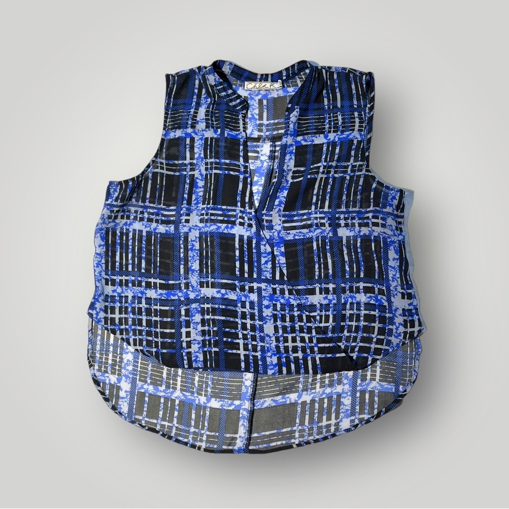 🟢5/$25 Chloe K Sheer Blue/Black Plaid Top